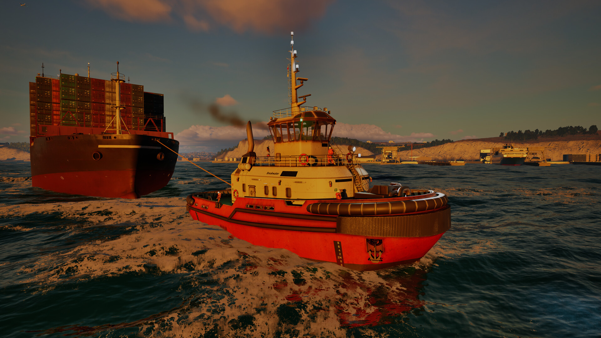 Tugboat assisting a container ship