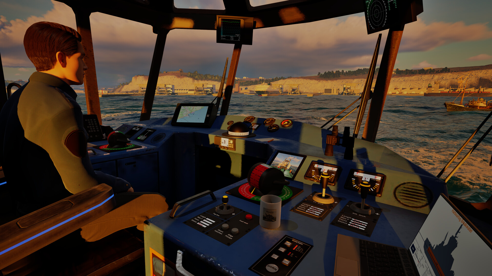 Captain operating a detailed ship bridge
